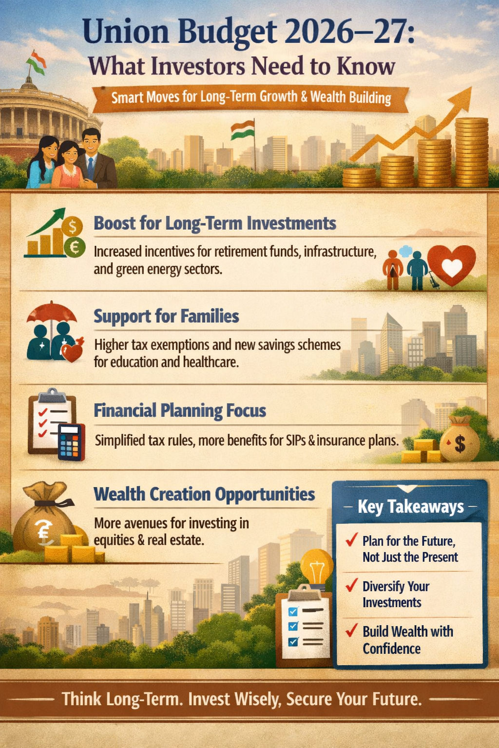 Union Budget 2026–27 explained for investors and families, showing long-term financial planning and wealth strategy perspective